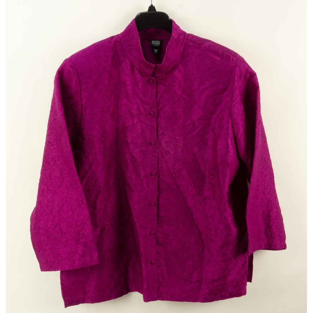 Eileen Fisher Crushed Silk Dark Fuchsia Pink High Neck Tunic Jacket Women's 1X